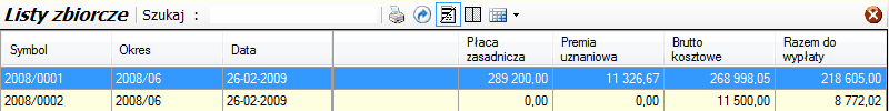Zestawienie list zbiorczych - okno podrzędne Zestawienie list zbiorczych - okno podrzędne