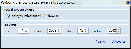 Wybór okresu czasu dla zestawienia list zbiorczych