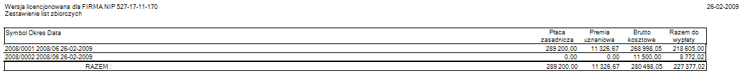 Zestawienie list zbiorczych - wydruk dla okna podrzędnego