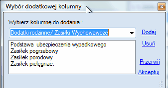 Okno wyboru kolumn, które mają nie być drukowane.