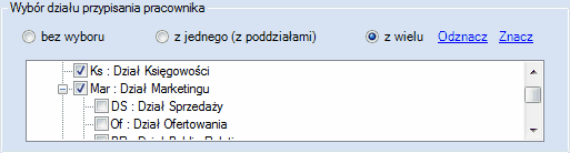 Wybór pracowników z wielu działów.
