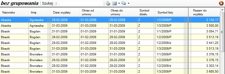 Zestawienie wynagrodzeń - bez grupowania