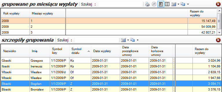 Zestawienie wynagrodzeń - grupowane po miesiącu wypłaty