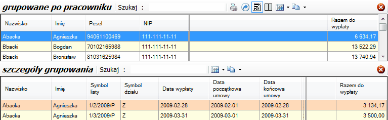 Zestawienie wynagrodzeń - grupowanie po pracowniku