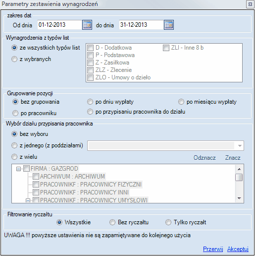 Zestawienie wynagrodzeń - parametry