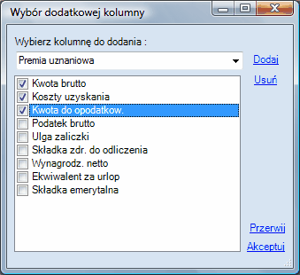 Wybór dodatkowej kolumny z zaznaczeniem kolumn narastających