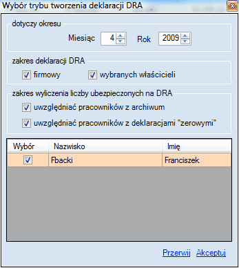 ZUS DRA - okno wyboru trybu tworzenia deklaracji.