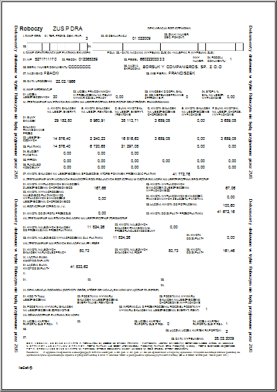 ZUS DRA - podgląd wydruku.