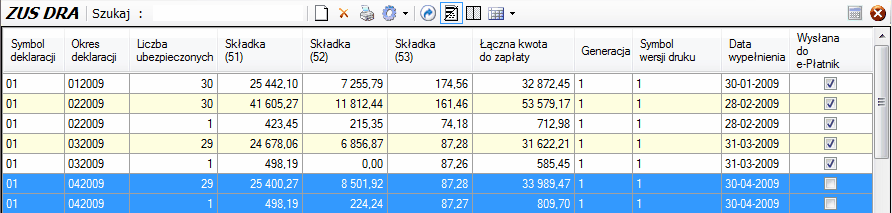 ZUS DRA- tabela okna głównego.