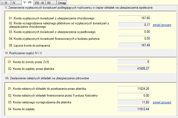 ZUS DRA - podokno obejmujące rozdziały V-VII.