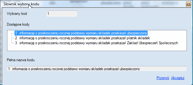 ZUS RCA - okno wyboru kodu przekroczenia rocznej podstawy wymiaru składek