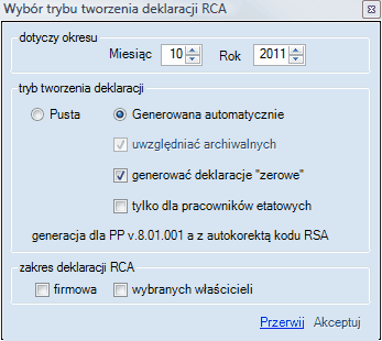 Okno generacji deklaracji - pusta lub automatycznie zdefiniowani pracownicy