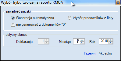 Okno wyboru trybu tworzenia raportu RMUA.