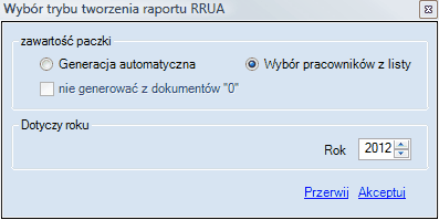 ZUS RRUA - wybór trybu tworzenia raportu RRUA