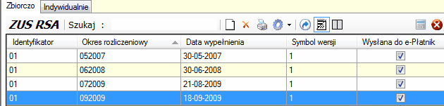 ZUS RSA - tabela okna głównego w zakładce "Zbiorczo"