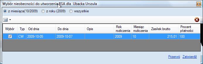 ZUS RSA - okno wyboru nieobecności pracownika.