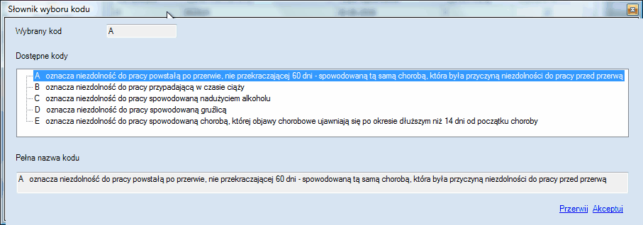 ZUS RSA - okno wyboru kodu choroby