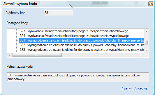 ZUS RSA - okno wyboru kodu świadczenia/przerwy