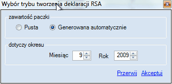 ZUS RSA - okno wyboru trybu tworzenia deklaracji.