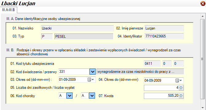 ZUS RSA - podrozdziały zakładki "Specyfikacja" 