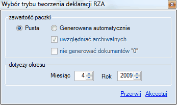 ZUS RZA - okno wyboru trybu tworzenia deklaracji.