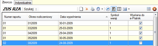 ZUS RZA - tabela okna głównego.