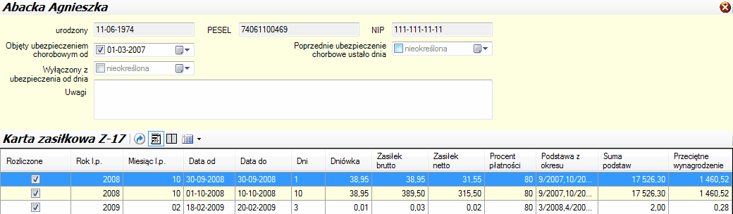 ZUS Z-17. Tabelaryczny wykaz nieobecności chorobowych