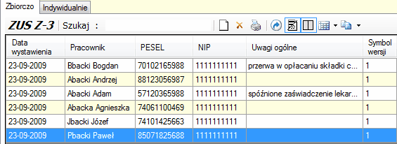 ZUS Z-3. Tabela okna głównego w zakładce "Zbiorczo".