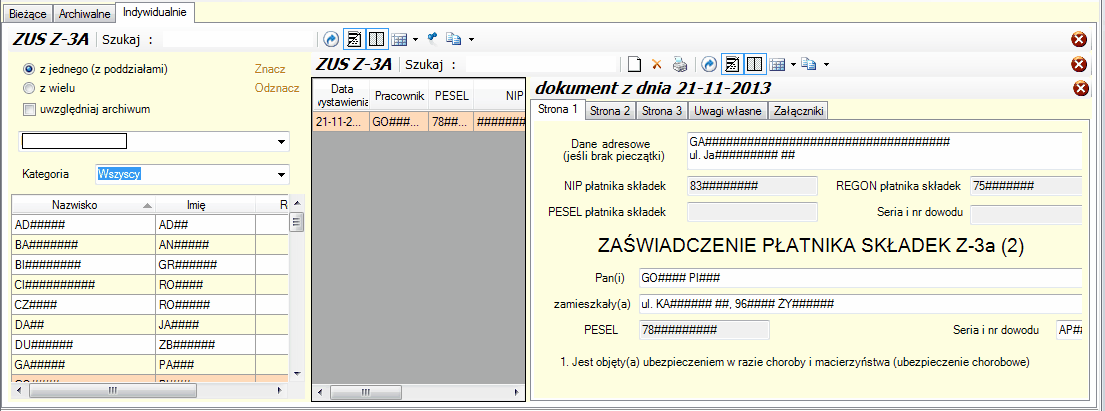 ZUS Z-3a - okno wypełniania zaświadczenia z zakładki 'indywidualne'