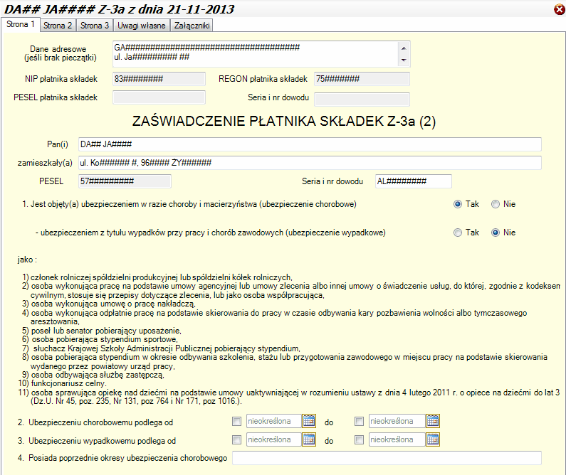 ZUS Z-3a - okno wypełniania zaświadczenia