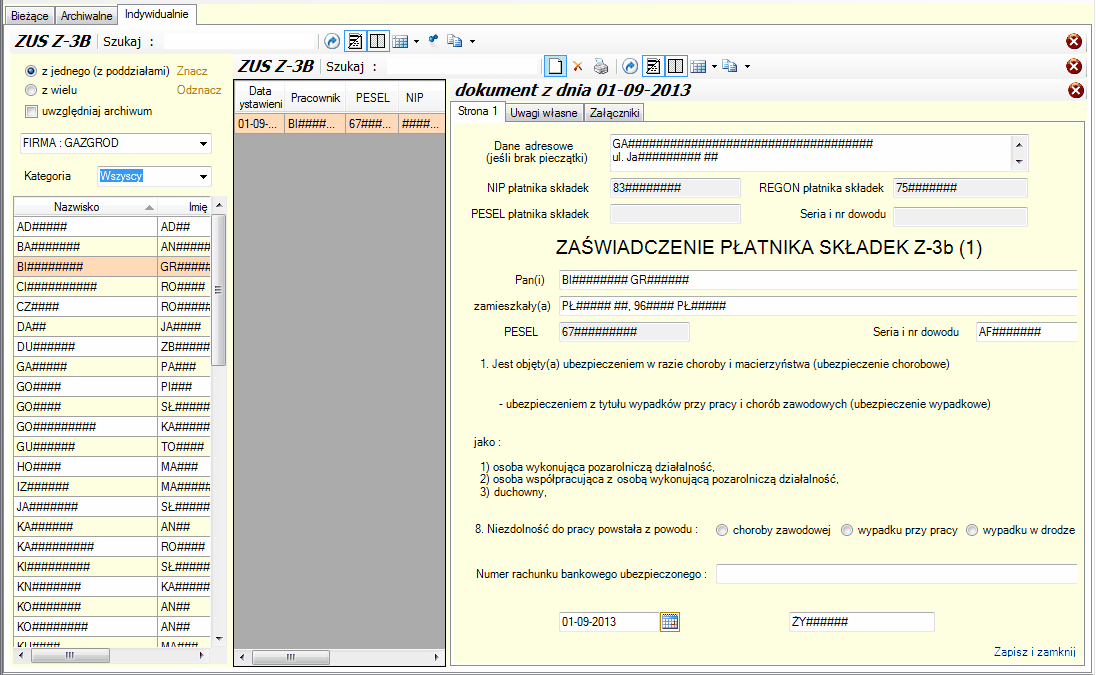 ZUS Z-3b - okno uzupełniania zaświadczenia z zakładki 'indywidualne'