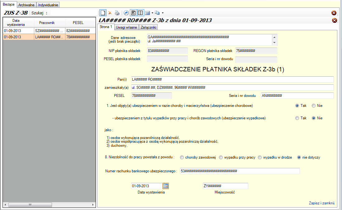 ZUS Z-3b - okno uzupełniania zaświadczenia