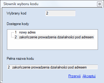 ZUS ZAA - okno wyboru kodu zgłoszenia: nowy adres lub zakończenie działalności pod adresem