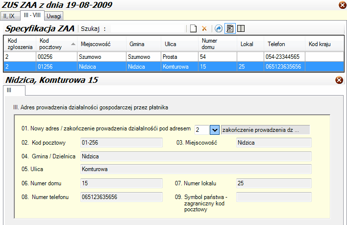 ZUS ZAA - tabela "Specyfikacja ZAA" z wybranymi adresami oraz rozdziałem III w podoknie.