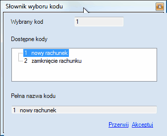 ZUS ZBA - okno wyboru: nowy rachunek lub zamkniecie rachunku