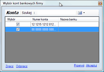 ZUS ZBA - okno wyboru kont bankowych firmy.
