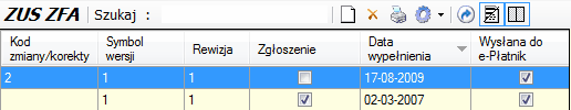 ZUS ZFA - tabela okna głównego.