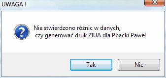 ZUS ZIUA - okno informujące o braku różnic w danych pracownika