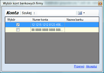 ZUS ZFA - okno wyboru konta bankowego firmy
