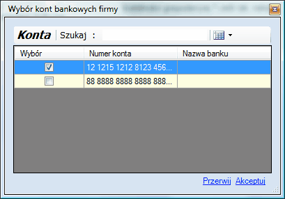 ZUS ZPA - okno wyboru konta bankowego firmy