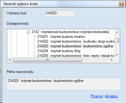 ZUS ZUA - okno wyboru kodu zawodu ze słownika ZUS 