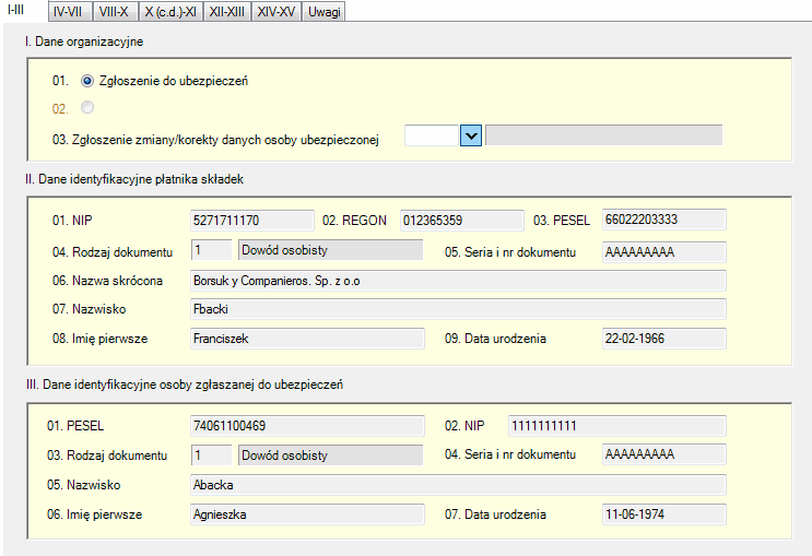 ZUS ZUA- treść formularza w zakładce I-III