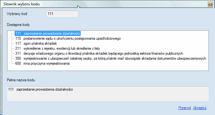 ZUS ZWPA -okno wyboru kodu przyczyny wyrejestrowania.