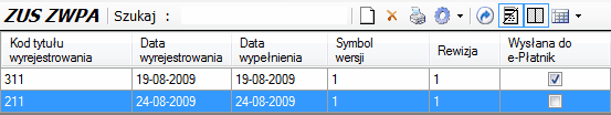 ZUS ZWPA - tabela okna głównego.