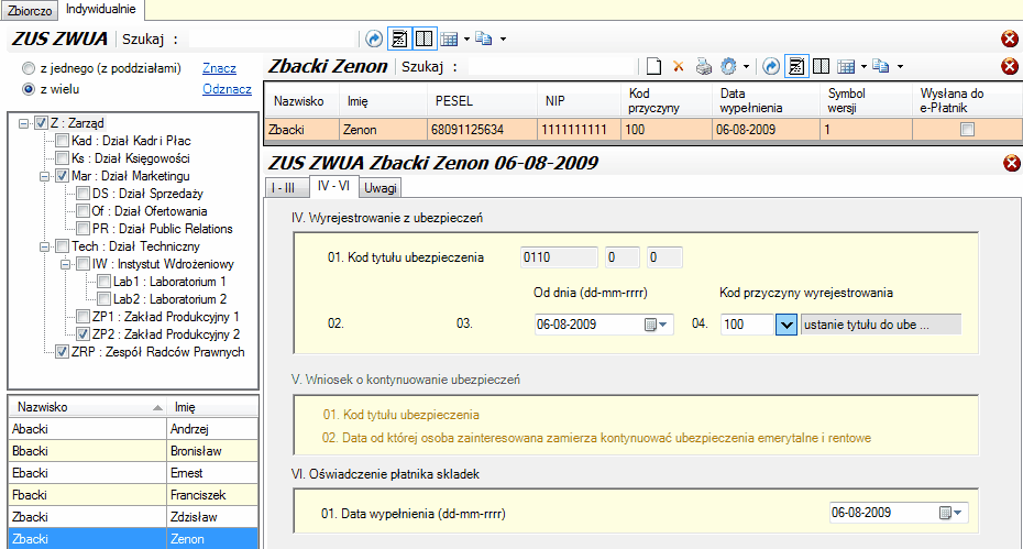 ZUS ZWUA - okna dla zakładki "Indywidualnie".