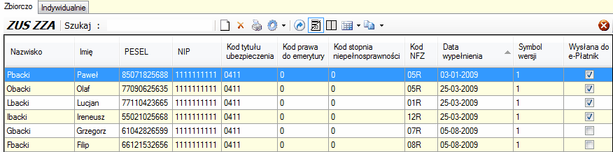 ZUS ZZA - tabela okna głównego.