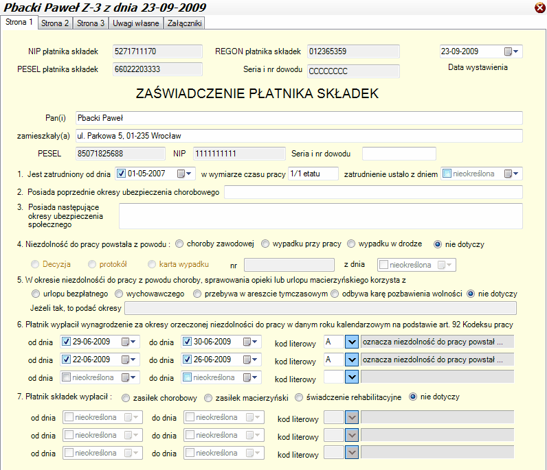ZUS Z-3. Przykładowa "Strona 1" w oknie szczegółów.