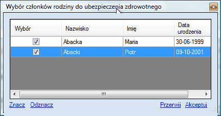 ZUS ZCNA - okno wyboru członków rodziny do zgłoszenia