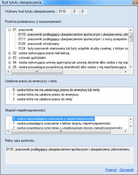 ZUS ZUA - okno słownika kodu ubezpieczenia