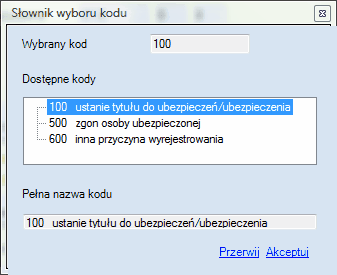 ZUS ZWUA - okno wyboru kodu przyczyny wyrejestrowania